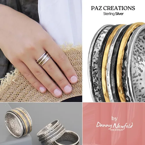 Vista 4 de Paz Creations - Anillos giratorios de plata de ley 925 para mujeres y hombres, anillo de meditación de banda gruesa con patrón martillado, joyería
