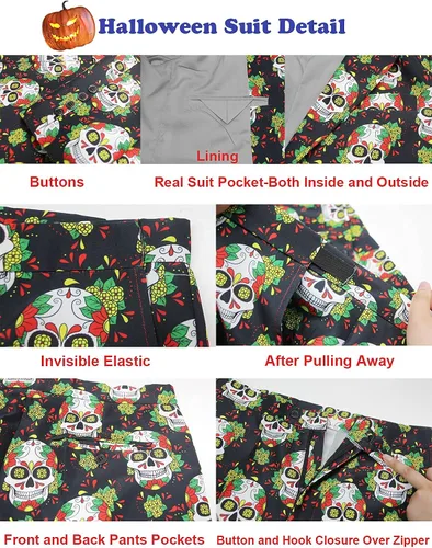 Vista 5 de ACH Traje de Halloween para hombre, disfraz de fiesta para adultos, con diferentes estampados, 3 piezas, chaqueta fea y divertida para hombre, traje