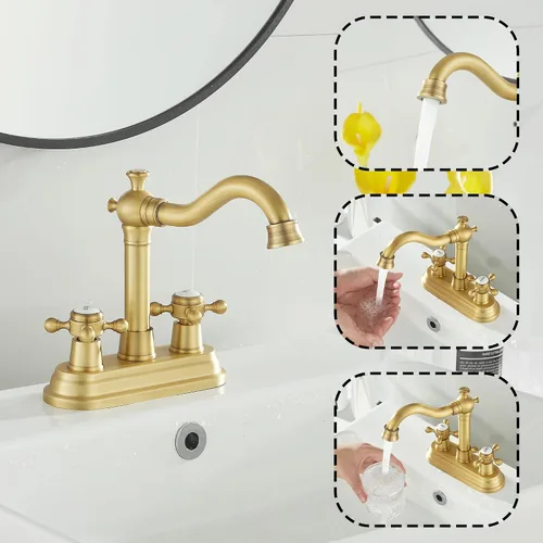 Vista 4 de Grifo de Baño GGStudy de Latón Antiguo de 2 Manijas de 4 Pulgadas Grifo Central de Tocador de Baño con Conjunto de Drenaje y Manguera de Suministro