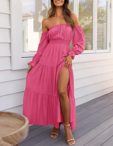 Vista 2 de ZESICA - Vestido largo, bohemio y sexy, con hombros descubiertos y manga larga fruncida, con elástico fruncido, cintura alta y abertura lateral