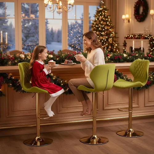 Vista 3 de Juego de 2 taburetes de bar de terciopelo ajustables verdes con patas doradas, modernas sillas de bar giratorias para isla de cocina, comedor, bar