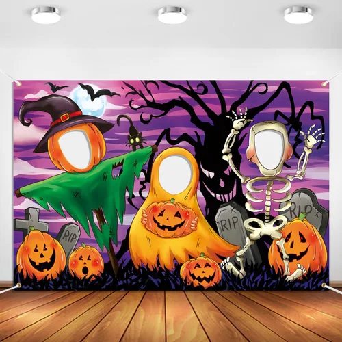 Vista 5 de Telón de fondo de cara de noche de terror en el agujero, 5 x 3.3 pies, cabeza de calabaza, espantapájaros, esqueletos, accesorios para fotos