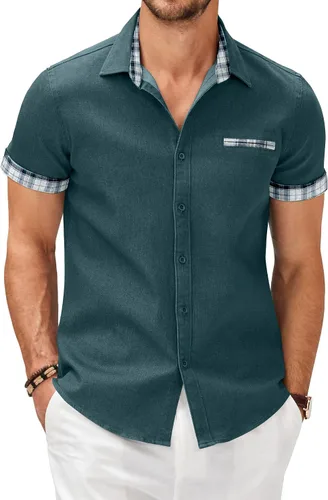 Vista 15 de COOFANDY Camisas casuales de manga corta de algodón con botones para hombre Verde militar