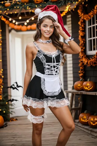 Vista 2 de Disfraz de sirvienta de Halloween para mujer, lindo delantal clásico con ribete de encaje, mini vestido de sirvienta