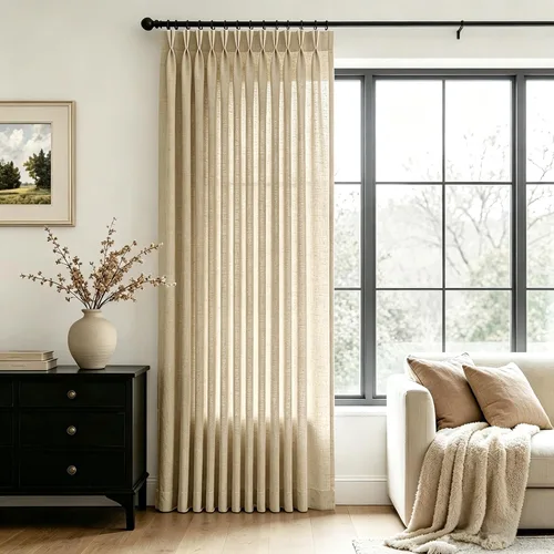 Vista 31 de Cortinas de lino de 63 pulgadas, juego de 2 paneles para sala de estar, beige natural, cortinas con pliegues pellizco entrenadas con memoria