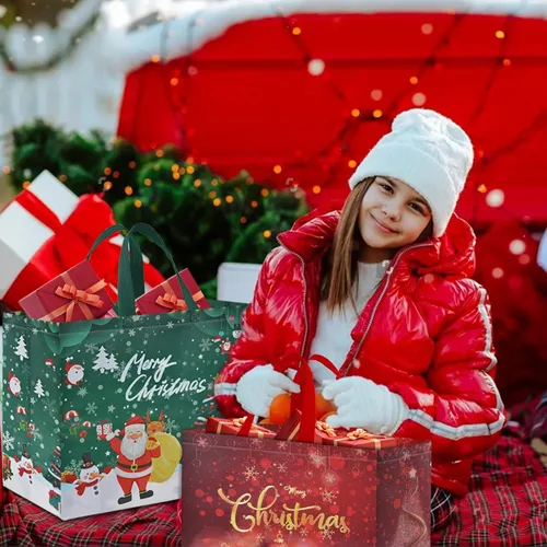Vista 5 de AhfuLife 12 piezas bolsas de regalo de Navidad extra grandes, 15.7'' x 14.2'' x 5.9'', bolsas tipo tote de Navidad con asas, bolsa de compras B: 12