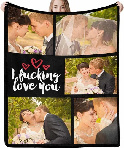 Vista 10 de Manta de fotos personalizada, manta de pareja de boda, con texto en inglés «He Asked And She Said Yes», 4 fotos, manta de boda, regalo romántico