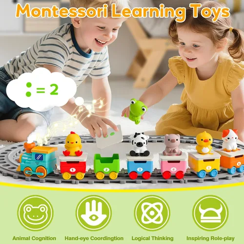 Vista 4 de Juguetes de tren de animales de granja para niños de 2 a 4 años, juego de tren eléctrico para niños con música, vapor y luces, juguetes