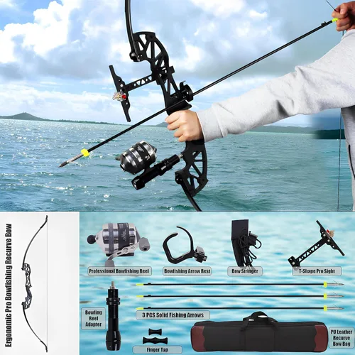 Vista 3 de Kit combinado de pesca de arco recurvo Takedown de 53 pulgadas, 30/40 libras solo para mano derecha arco de pesca con carrete de pesca y flechas