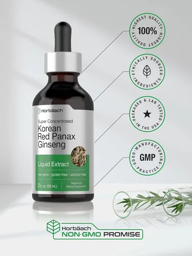 Vista 6 de Horbäach Ginseng rojo coreano Extracto líquido de 2 onzas líquidas Panax Ginseng Suplemento vegetariano, sin OMG, sin gluten