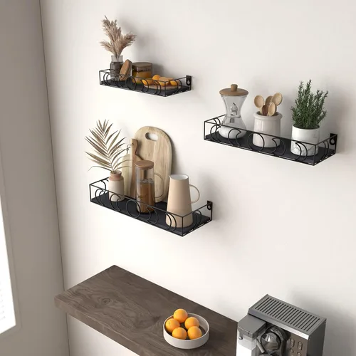 Vista 5 de PHAREGE Estantes Flotantes de Fases Lunares Negros, Juego de 3 Pequeños Estantes Decorativos de Pared para Almacenamiento de Libros y Plantas