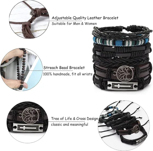 Vista 3 de FIRAZIO Juego de 42 pulseras de cuero trenzado para hombres y mujeres, pulseras de cuentas de madera, cuerdas de cáñamo, étnicas tribales hechas a