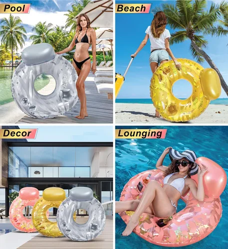 Vista 4 de POZA Tubos inflables de lujo con respaldo – Tumbona de lujo llena de confeti con brillo plateado, tubos gruesos flotadores de piscina, teléfono