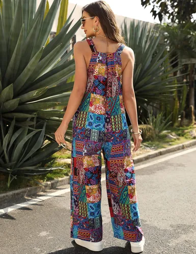 Vista 6 de UANEO Overol con peto de algodón para mujer, estilo bohemio, de pierna ancha, estampado floral
