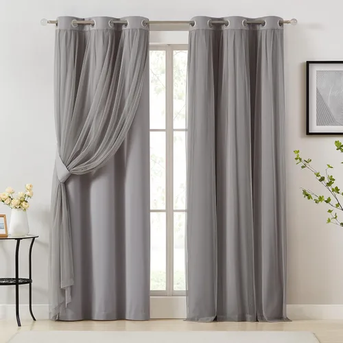 Vista 27 de Bujasso Cortinas 80% Opacas Beige con Superposición de Gasa Mezcla y Combinación Paneles de Ventana con Aislamiento Térmico de Doble Capa de 63