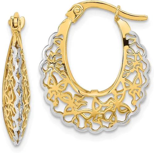 Vista 9 de Aretes de aro de filigrana de oro amarillo de 14 quilates, corte láser medio, cierre a presión pulido para regalo de mujer