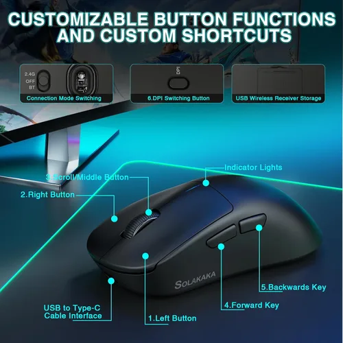 Vista 3 de SOLAKAKA SM850 - Ratón inalámbrico para juegos, 24000 DPI, mouse ligero de 1.97 oz, 6 botones programables, mouse ergonómico para computadora, tres