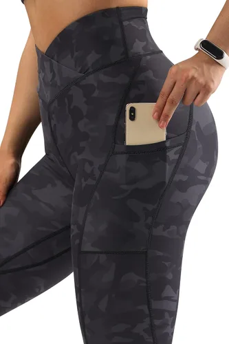 Vista 3 de OMKAGI Leggings con cintura cruzada en V para mujer con bolsillos cintura alta pantalones de yoga para entrenamiento