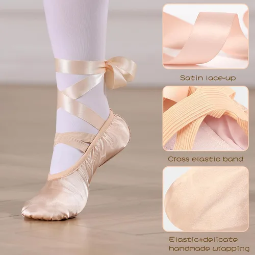 Vista 6 de Zapatos de ballet para niñas, zapatillas de ballet rosas con suela dividida de satén para mujer, zapatos de baile planos con cinta para yoga