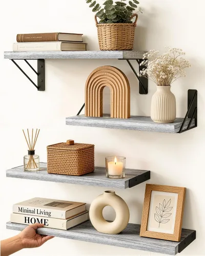 Vista 13 de BAYKA Estantes flotantes montados en la pared, estante de pared flotante de madera para libros y decoración, exhibición y organizador que ahorra