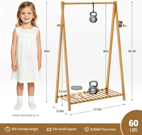 Vista 2 de Percheros Pequeños para Colgar Ropa, Percheros de Bambú para Prendas de Niños, Perchero Independiente para Vestidos y Trajes para Dormitorio, Sala