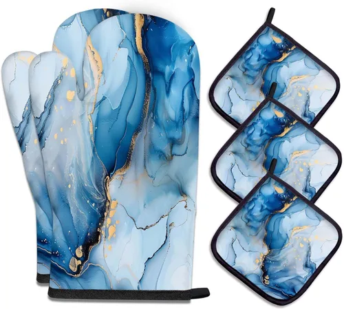 Vista 34 de MCALK Juego de 5 manoplas de horno y soportes para ollas, guantes abstractos para horno y almohadillas calientes para cocina de cocina, manoplas