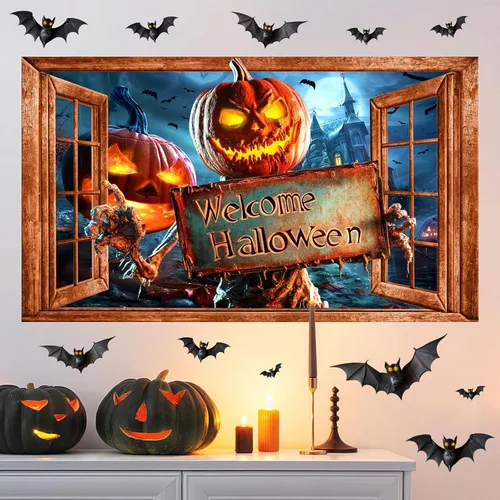 Vista 12 de Decoración de pared de Halloween, calcomanías de Halloween 3D para ventana falsa, despegar y pegar, calabazas, esqueleto, murales artísticos