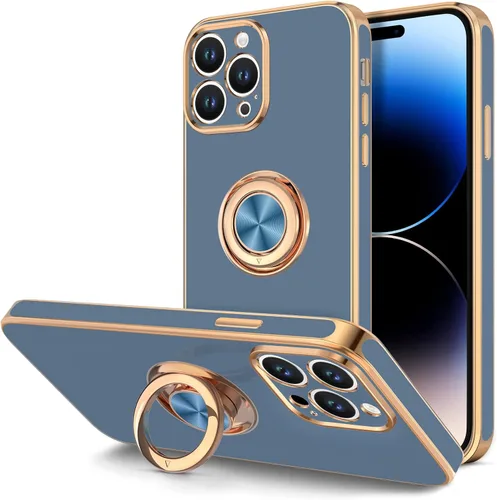 Vista 9 de Hython - Funda para iPhone 14 Pro con soporte de anillo [soporte magnético de anillo giratorio de 360°] [soporte para montaje en coche] Borde dorado