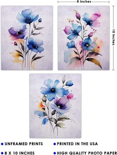 Vista 8 de Vintage Wild Blue Flowers Botanical Wall Art - Give Your Home A Touch of Elegance With Plant Pictures Wall Art, Unframed Set of 3, 8x10 Botanical