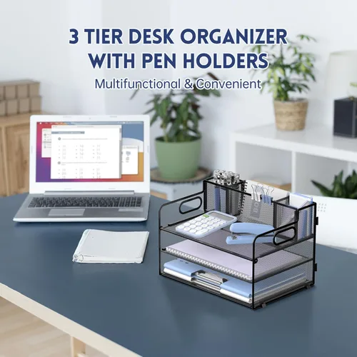 Vista 2 de SUPEASY Organizador de escritorio de 3 niveles con asa y 3 soportes para bolígrafos, organizador de papel/archivos de malla para escritorio