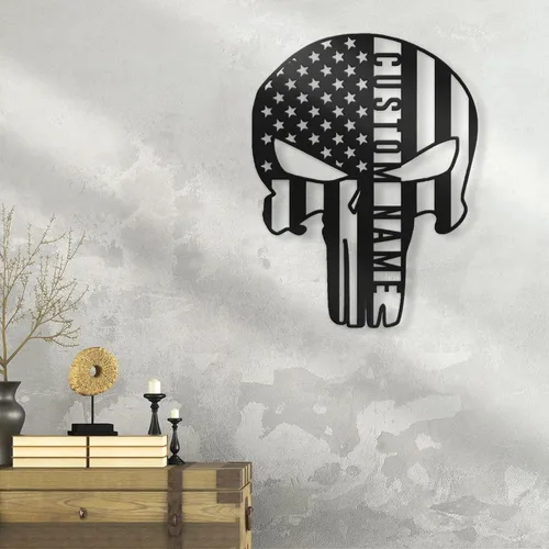 Vista 4 de Letrero de nombre personalizado con luz LED, 16 colores, diseño de calavera de castigador estadounidense, arte de pared de metal americano, luz LED