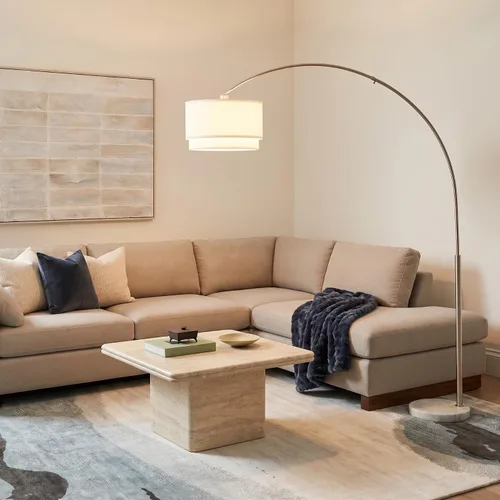 Vista 8 de Brightech Mason - Lámpara de pie de arco - Lámpara de pie de esquina moderna con pantalla de tambor colgante única para sala de estar - Luz curva