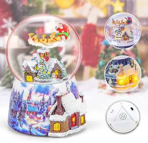 Vista 3 de Caja de música de Navidad, regalo de globo de nieve, Papá Noel giratorio musical volando sobre la aldea con purpurina, regalo para niñas, esposa