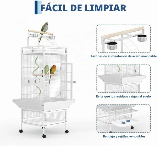 Vista 6 de Jaula grande para pájaros de 60 pulgadas de alto, jaula para periquitos de interior con reproductor, percha de cuerda para pájaros, jaula de pájaros