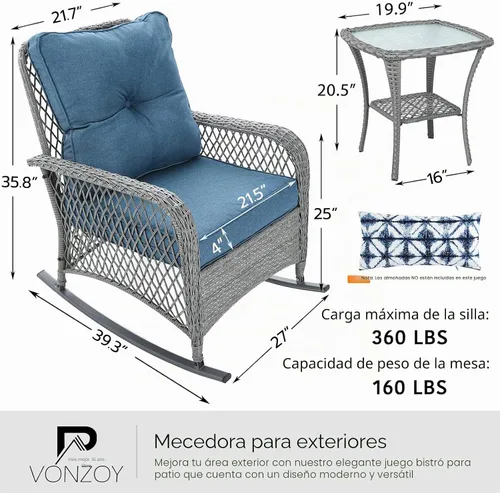 Vista 3 de Juego de muebles de patio de 3 piezas, juego de mimbre para exteriores Azul