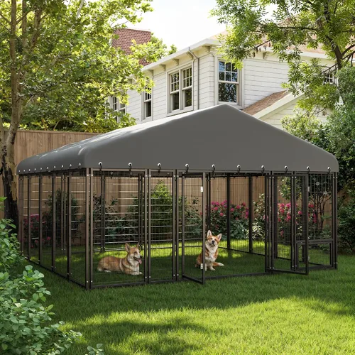 Vista 2 de Perrera grande para perros al aire libre de 10 x 10 pies con puertas batientes dobles, jaula resistente para perros con panel de alimentación, techo