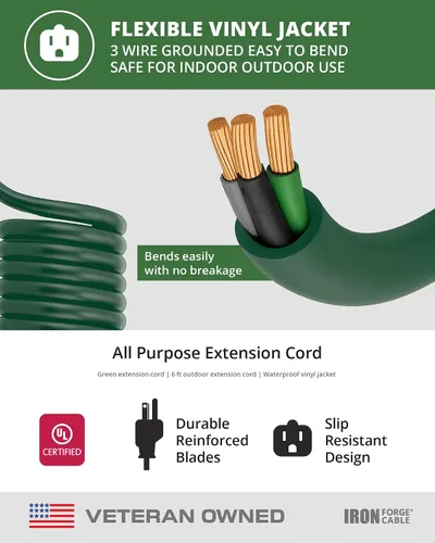 Vista 6 de Iron Forge Cable Cable de extensión resistente a la intemperie de 6 pies para exteriores – 16/3 SJTW resistente cable de extensión verde de 3
