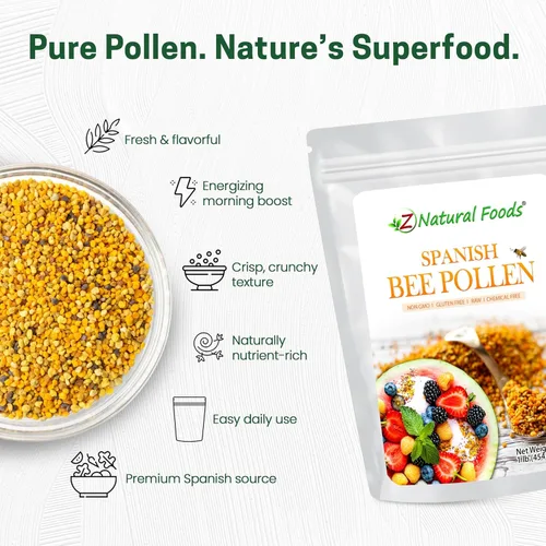 Vista 3 de Z Natural Foods Gránulos de polen de abeja español, gránulos de polen puro y crudo, producto de España, densos en nutrientes para energía y apoyo