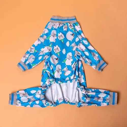 Vista 4 de LovinPet Ropa grande para perros – Pijama acogedor para perro, ajuste delgado, pijama ligero con cobertura completa – Happy Hippo Blue Prints Cuello