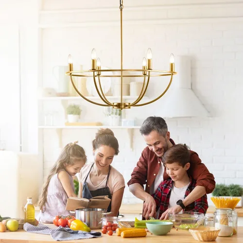 Vista 8 de WJShome Lámpara de araña dorada Granja: Candelabros modernos de 6 luces para comedor, iluminación industrial rústica de isla de cocina, para sala