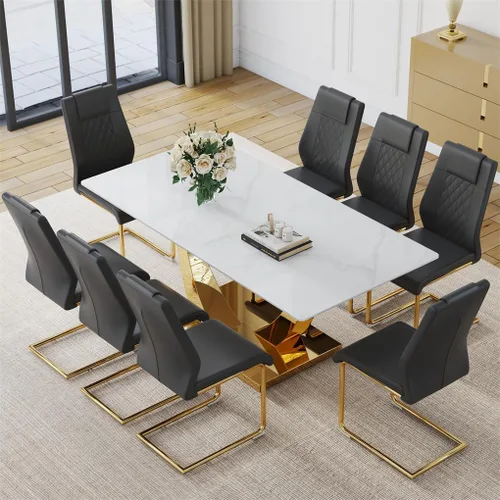 Vista 18 de Juego de mesa de comedor para 4, mesa de comedor de mármol sintético de 63 pulgadas con patas y base de acero inoxidable, sillas acolchadas