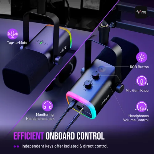 Vista 8 de FIFINE - Juego de micrófono XLR/USB para juegos, micrófono dinámico para PC para transmisión y podcast, kit de micrófono RGB para computadora
