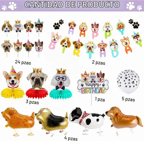 Vista 3 de 39 piezas de decoración para fiesta de perros - Bandera de cumpleaños, panales, globos y adornos para cupcakes para amantes de perros