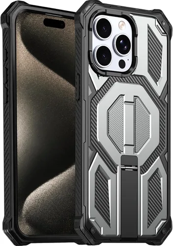 Vista 23 de Funda magnética para iPhone 15 con soporte y protector de pantalla [compatible con Magsafe] antideslizante, cuerpo completo, doble capa, resistente