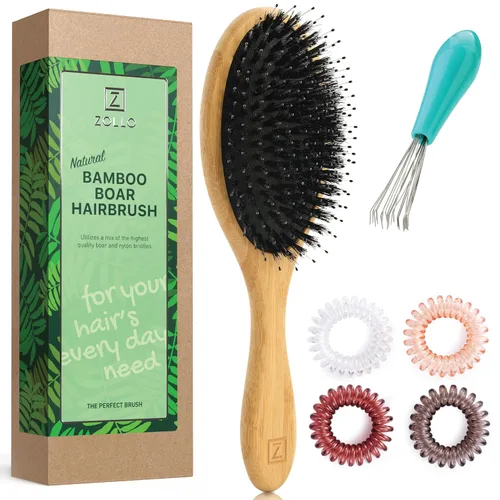 Vista 7 de Cepillo de cerdas de jabalí natural para mujeres, hombres y niños; cepillo desenredante seco y húmedo mejora suavemente el brillo, suaviza