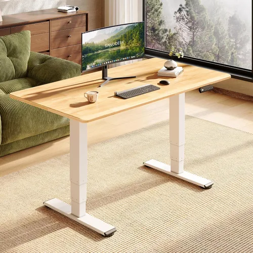 Vista 11 de SANODESK Escritorio de pie de madera maciza de caucho con motor dual 48"x24 Mesa natural + marco blanco