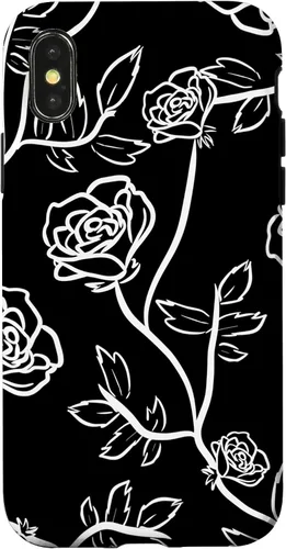 Vista 4 de iPhone 14 Rose Bush Pétalos de rosa Hojas de espina Funda blanca y negra