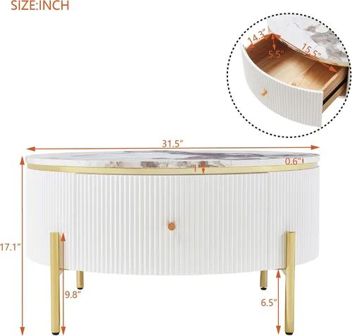 Vista 2 de Mesa de café redonda, mesa de café moderna de 31.5" con 2 cajones grandes de almacenamiento, tapa de mesa con patrón de mármol, mesa central