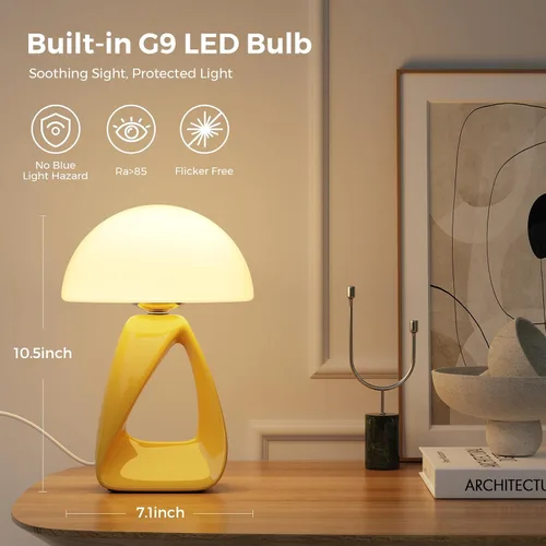 Vista 5 de Lámpara de hongo, pequeña lámpara de mesa para dormitorio, lámpara de noche creativa geométrica con base de cerámica, lámpara de mesa auxiliar