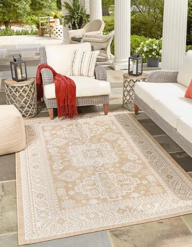 Vista 47 de Unique Loom Outdoor Aztec Collection Alfombra de área, Chalca (5 pies 3 pulgadas, octágono, aguamarina/marfil)
